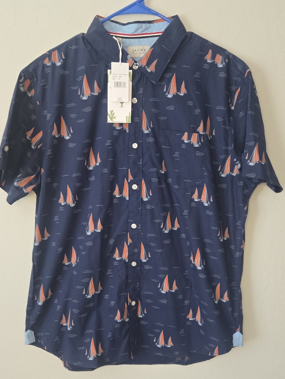 Jachs Navy Short-Sleeve Button-Down Shirt with Orange Sailboat Print